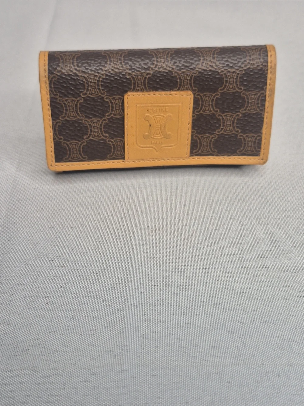 Celine Brown Canvas Trifold Key Holder with Tan Trim
